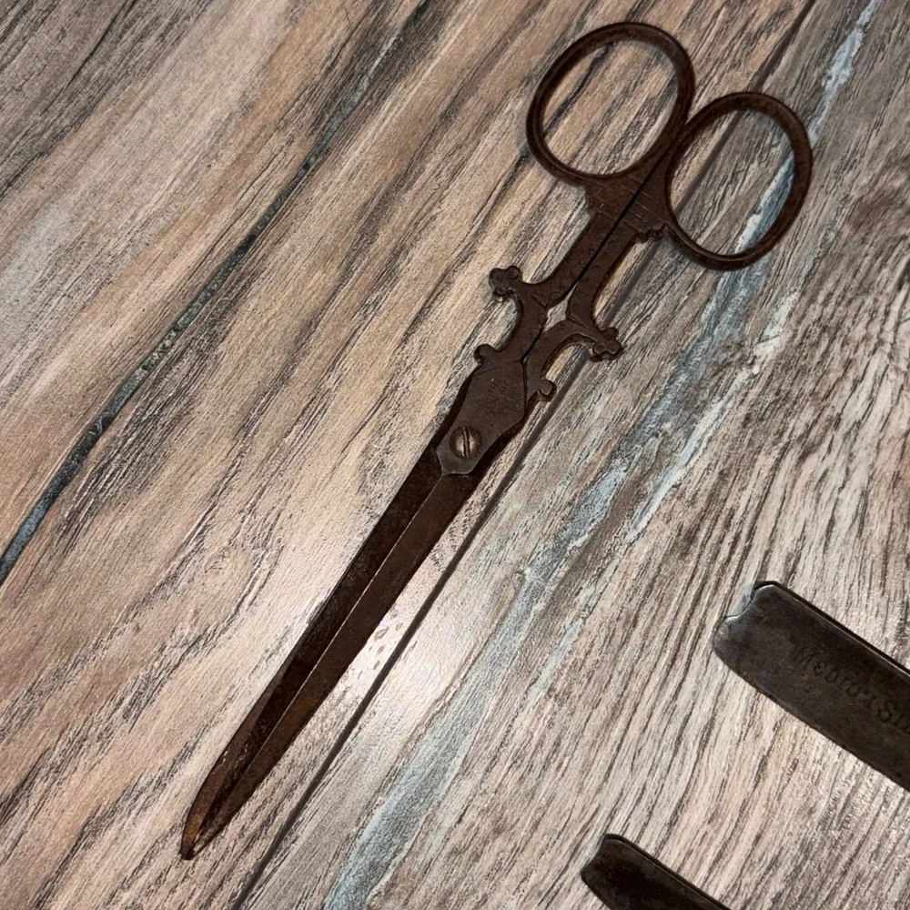 Vintage Antique Barber Tool Lot Germany Straight Razors Scissors Skeleton Key
